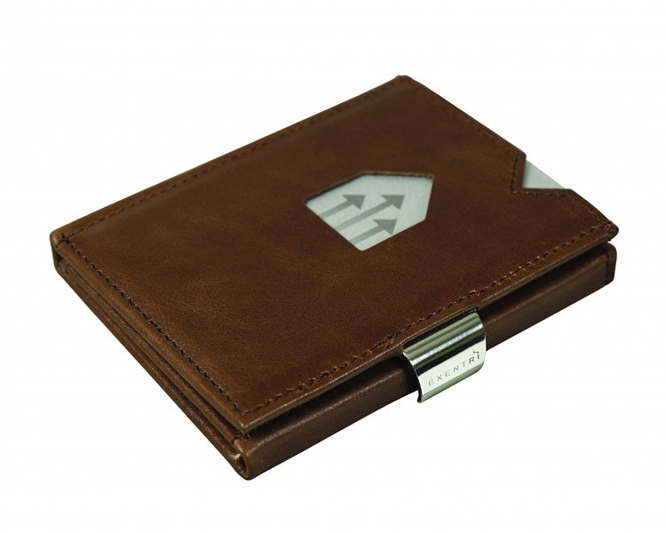 11. Hazelnut brown EXENTRI leather wallet with stainless steel clasp on white background