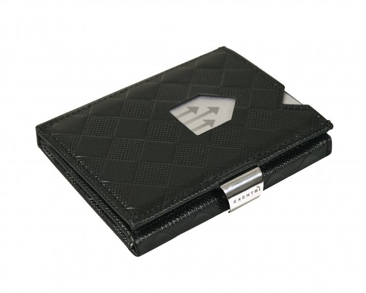 2. Black EXENTRI wallet with chess pattern and stainless steel clasp on white background