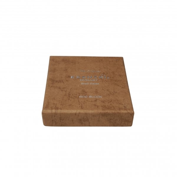 4. Sand-colored EXENTRI wallet box with brand logo and RFID block text