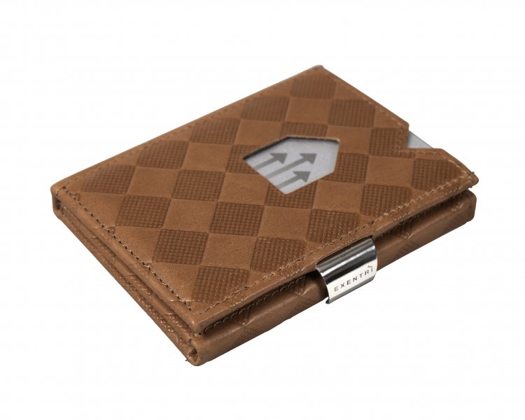 2. Sand-colored EXENTRI wallet with chess pattern and stainless steel clasp on white background