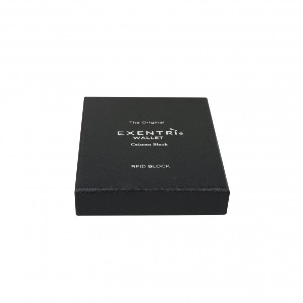 4. Black EXENTRI wallet box with brand logo and RFID block text