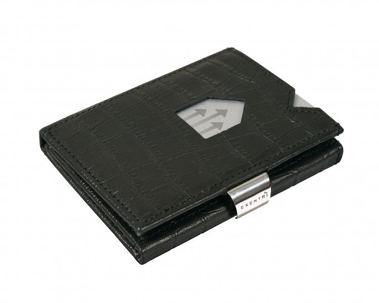 2. Black EXENTRI wallet with caiman pattern and stainless steel clasp on white background