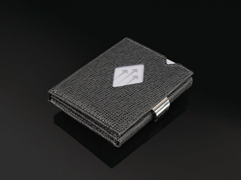 2. Black EXENTRI wallet with textured pattern and stainless steel clasp on dark background
