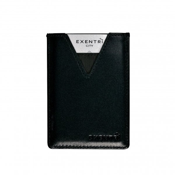 10. Back view of EXENTRI City black cardholder with logo on white background