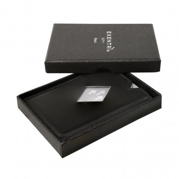 8. EXENTRI City black cardholder in open gift box with logo