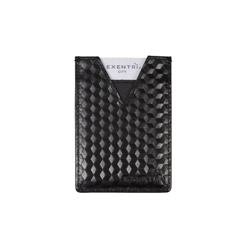 3. Back view of EXENTRI City black cardholder with cube pattern on white background