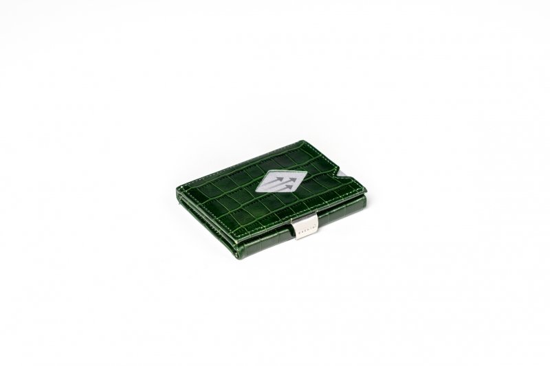 2. Green EXENTRI wallet with textured pattern and stainless steel clasp on white background