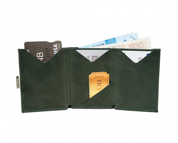 3. Interior view of EXENTRI wallet in green leather with cards and tickets inserted