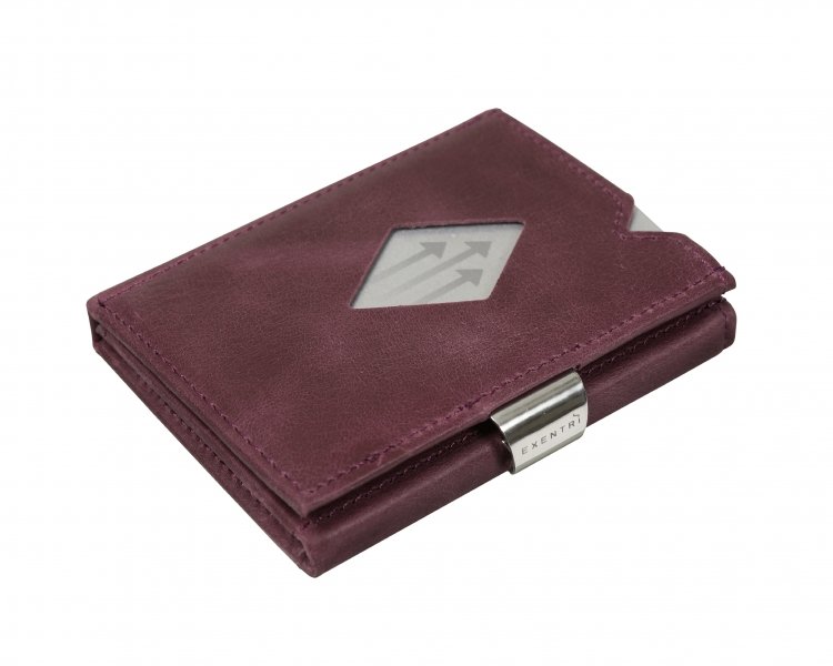 13. Purple EXENTRI leather wallet with stainless steel clasp on white background
