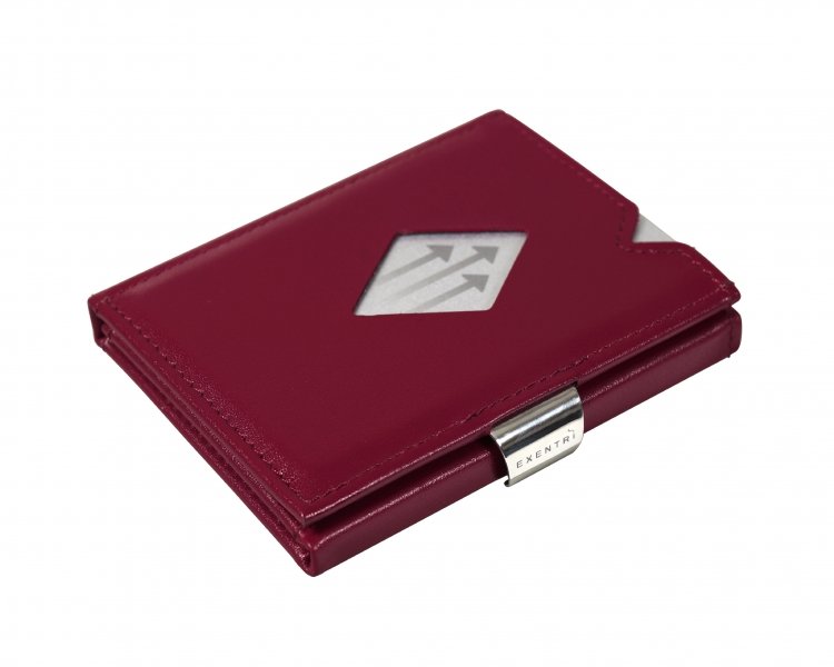14. Red EXENTRI leather wallet with stainless steel clasp on white background
