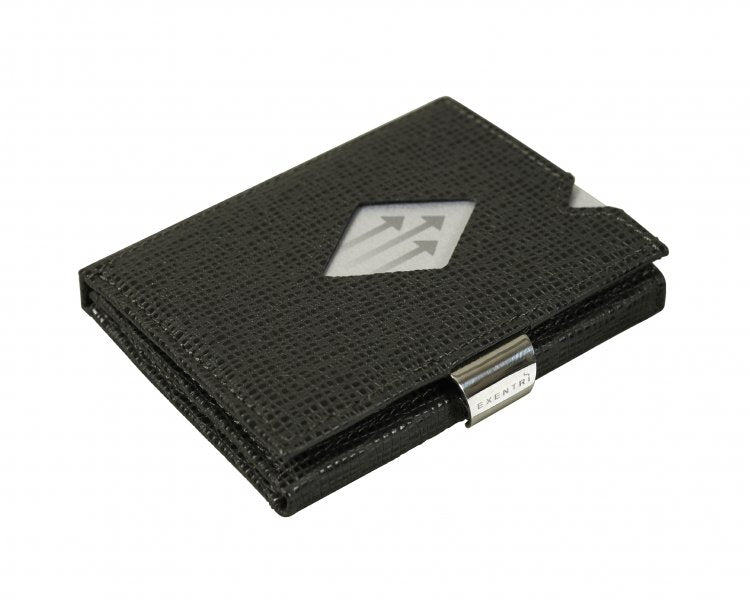 2. Black EXENTRI wallet with mosaic pattern and stainless steel clasp on white background
