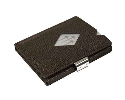 2. Brown EXENTRI wallet with mosaic pattern and stainless steel clasp on white background
