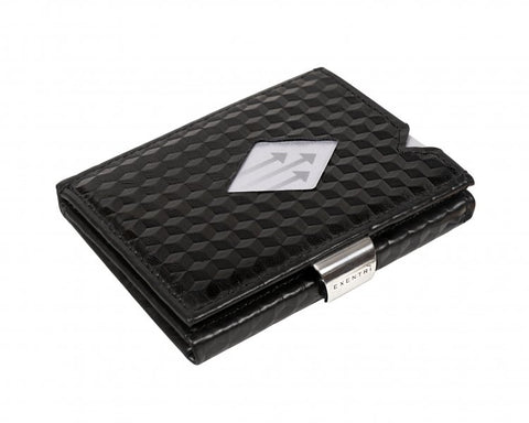 2. Black EXENTRI wallet with cube pattern and stainless steel clasp on white background