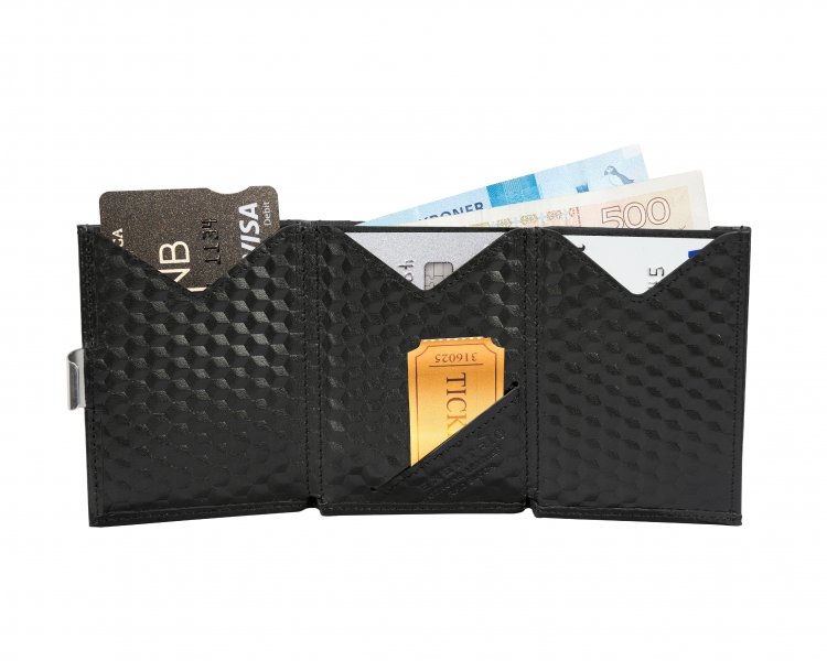 3. Interior view of black EXENTRI wallet with cards and bills in slots, showing RFID block feature