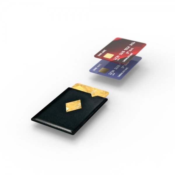 19. EXENTRI City cardholder with smart features and cards shown in 3D view