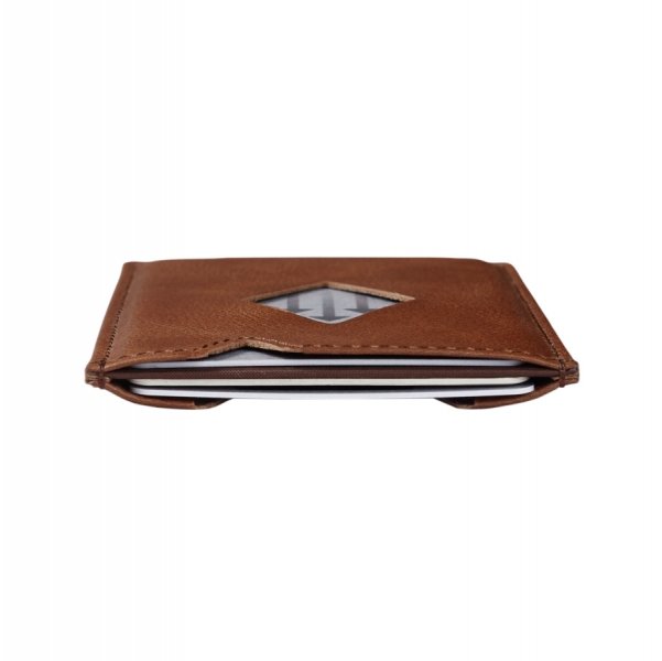 15. Side view of EXENTRI City hazelnut cardholder showing slim profile