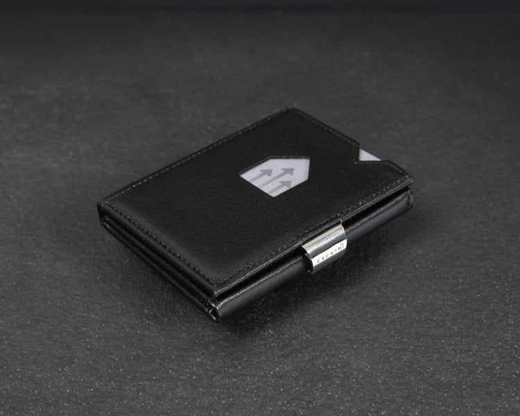 6. Black EXENTRI leather wallet with stainless steel clasp on dark textured surface