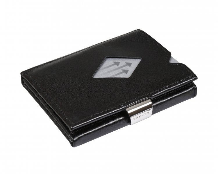 5. Closed black leather EXENTRI Multiwallet with stainless steel lock and visible card slot