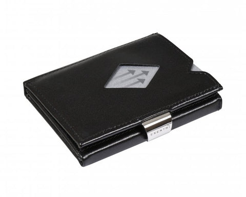 5. Closed black leather EXENTRI Multiwallet with stainless steel lock and visible card slot
