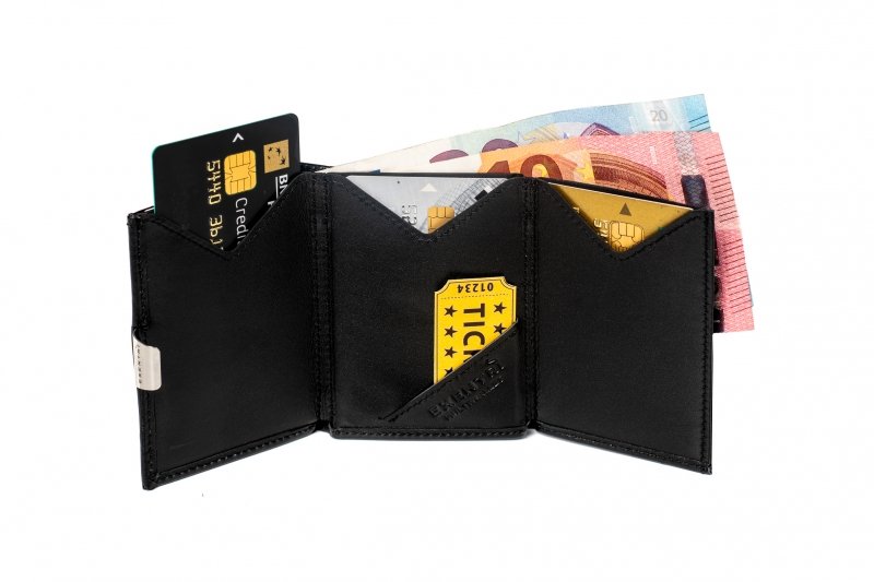 6. Open black leather EXENTRI Multiwallet showing card slots and compartments with cards and bills