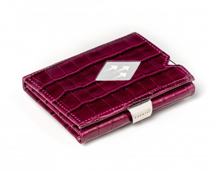 11. Closed purple caiman leather EXENTRI Multiwallet with stainless steel lock and visible card slot