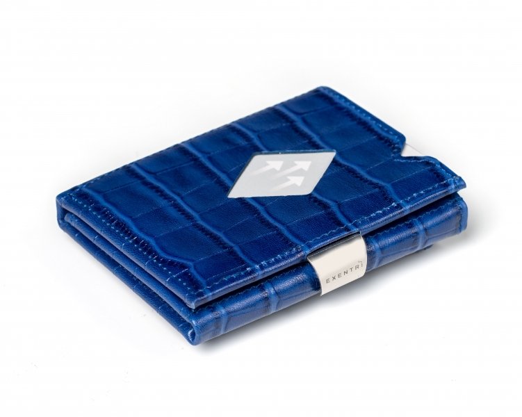 13. Closed blue caiman leather EXENTRI Multiwallet with stainless steel lock and visible card slot