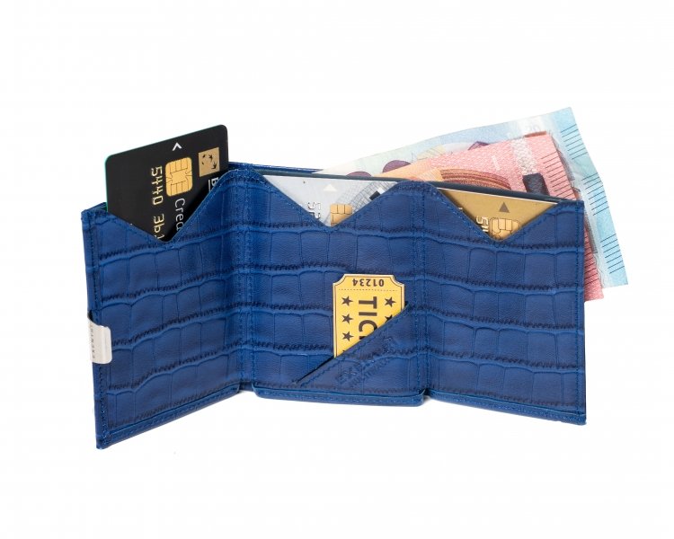 12. Open blue caiman leather EXENTRI Multiwallet showing card slots and compartments with cards and bills
