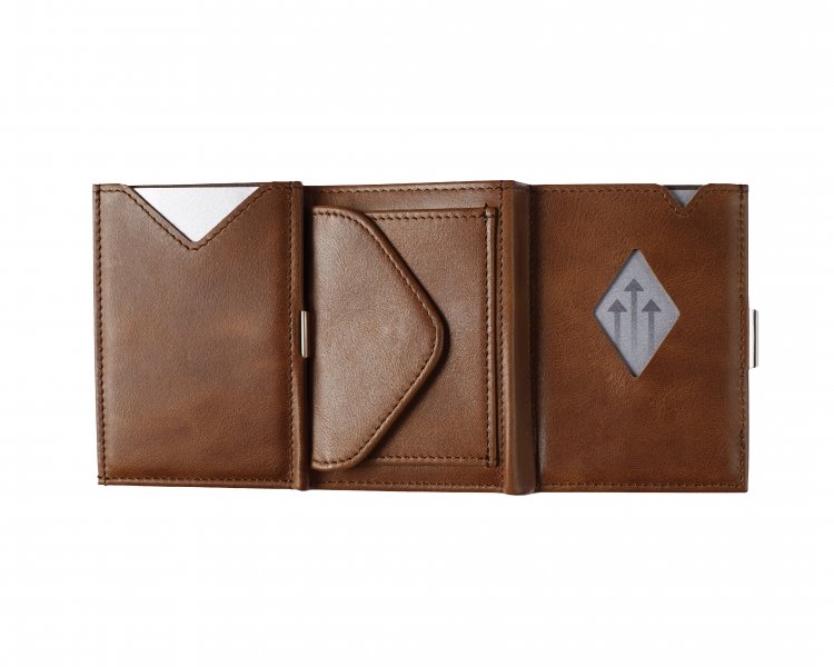 9. Open brown leather EXENTRI Multiwallet showing card slots and stainless steel lock