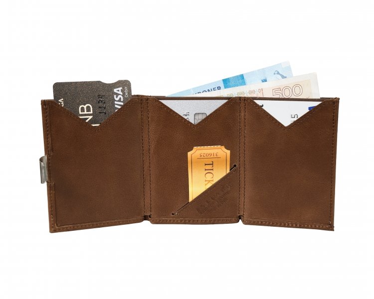 8. Open brown leather EXENTRI Multiwallet showing card slots and compartments with cards and bills