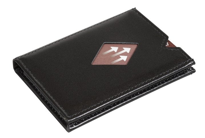 12. Black EXENTRI Miniwallet on white background highlighting front pocket design
