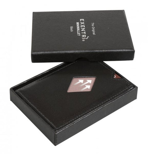 2. Black EXENTRI Miniwallet in an elegant gift box with brand logo on the lid