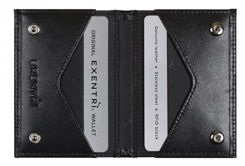 11. Open black EXENTRI Miniwallet showing interior card slots and branding