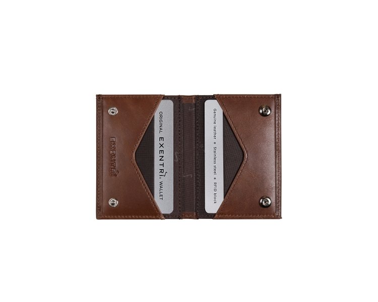 16. Open brown EXENTRI Miniwallet showing card slots and branding on white background