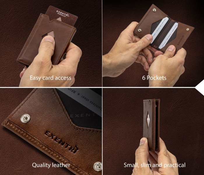 3. Collage of brown EXENTRI Miniwallet showing card access, six pockets, and quality leather