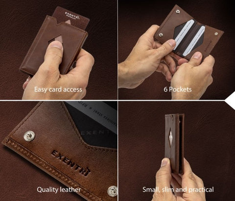 3. Collage of brown EXENTRI Miniwallet showing card access, six pockets, and quality leather