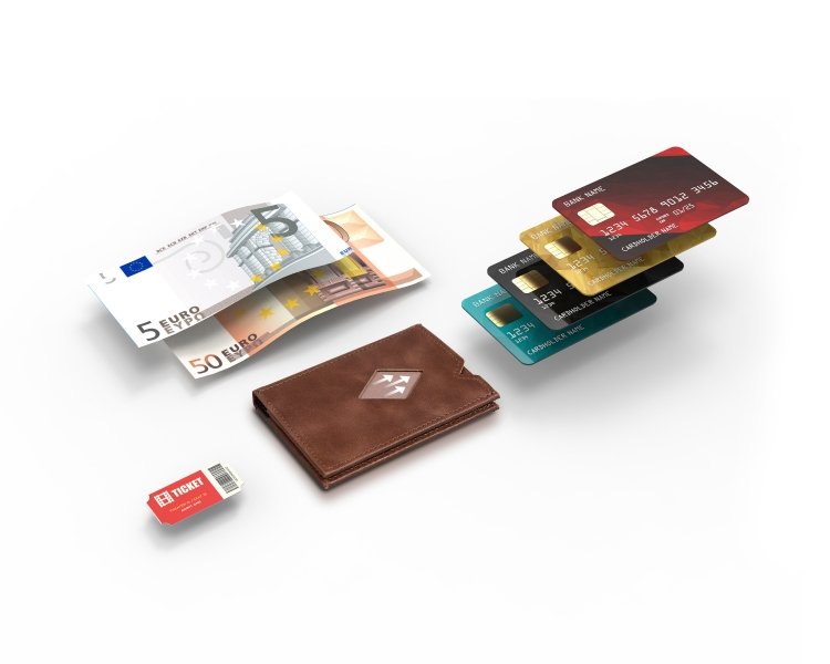 15. Brown EXENTRI Miniwallet with cards and cash displayed around it