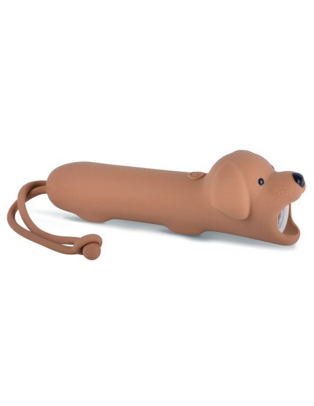 2. Brown dog-shaped silicone flashlight with a convenient hanger, designed for kids' playtime and evening adventures.