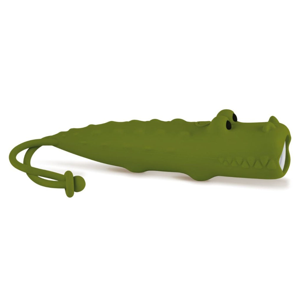 2. Green crocodile-shaped silicone flashlight with hanger on white background