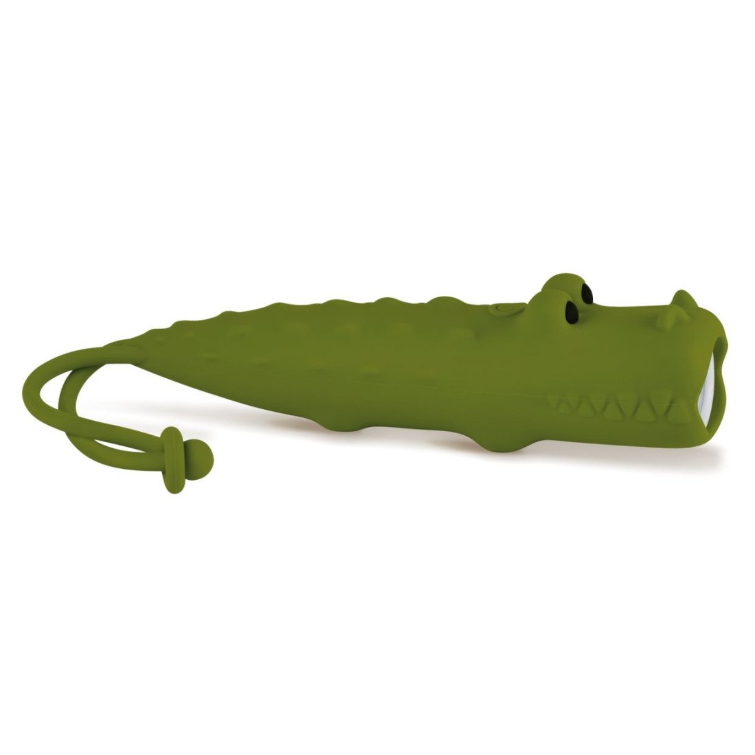2. Green crocodile-shaped silicone flashlight with hanger on white background