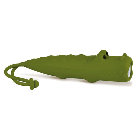2. Green crocodile-shaped silicone flashlight with hanger on white background