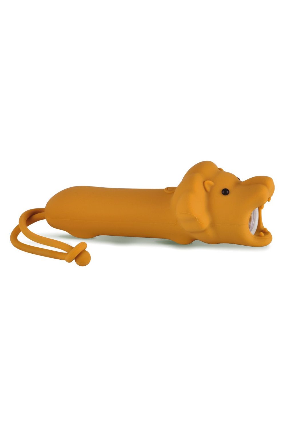 2. Side view of lion-shaped kids' flashlight in soft silicone with USB-C charging and hanger