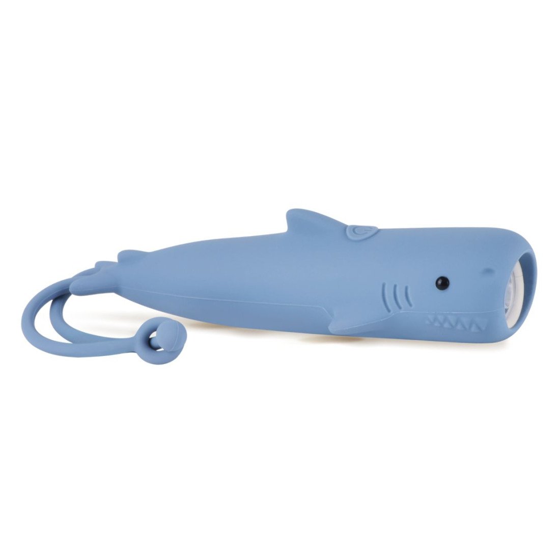 2. Blue shark-shaped flashlight with silicone material and hanger on white background