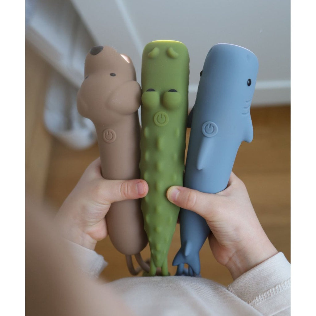 1. Child holding three animal-shaped flashlights in brown, green, and blue