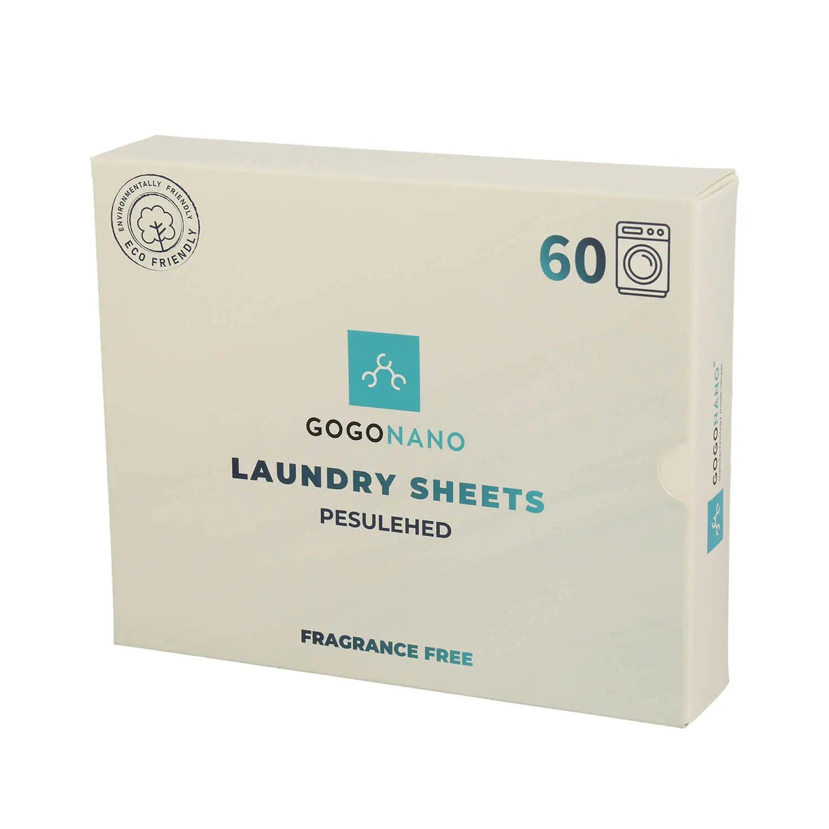 2. GoGoNano laundry detergent sheets packaging, fragrance-free, 60 loads, eco-friendly label visible, studio shot