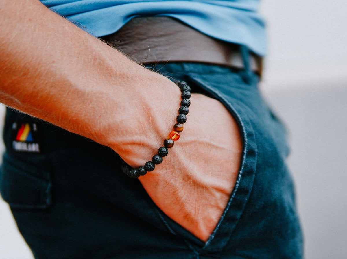 1. Men's Lava Stone Bracelet with Amber and Tiger Eye by Canary Lava, worn with casual outfit