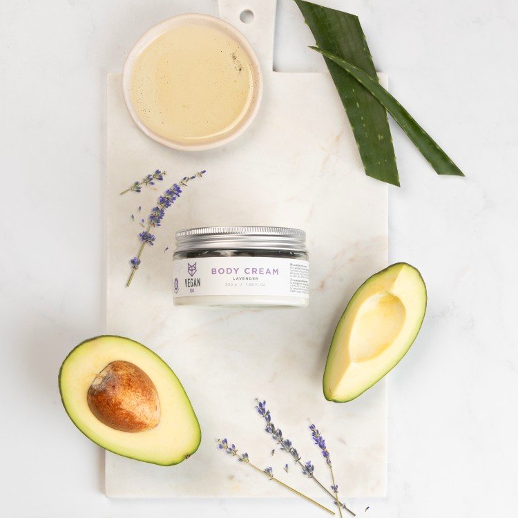 6. Flat lay of Vegan Fox Lavender Body Cream with avocado and aloe, highlighting natural ingredients
