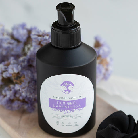 1. HOIA homespa Lavender Shower Gel 200ml in black bottle with lavender flowers in background