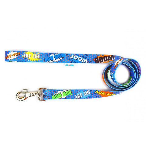 1. Blue graffiti-patterned dog leash with colorful comic-style text and durable metal carabiner, shown coiled on a white background