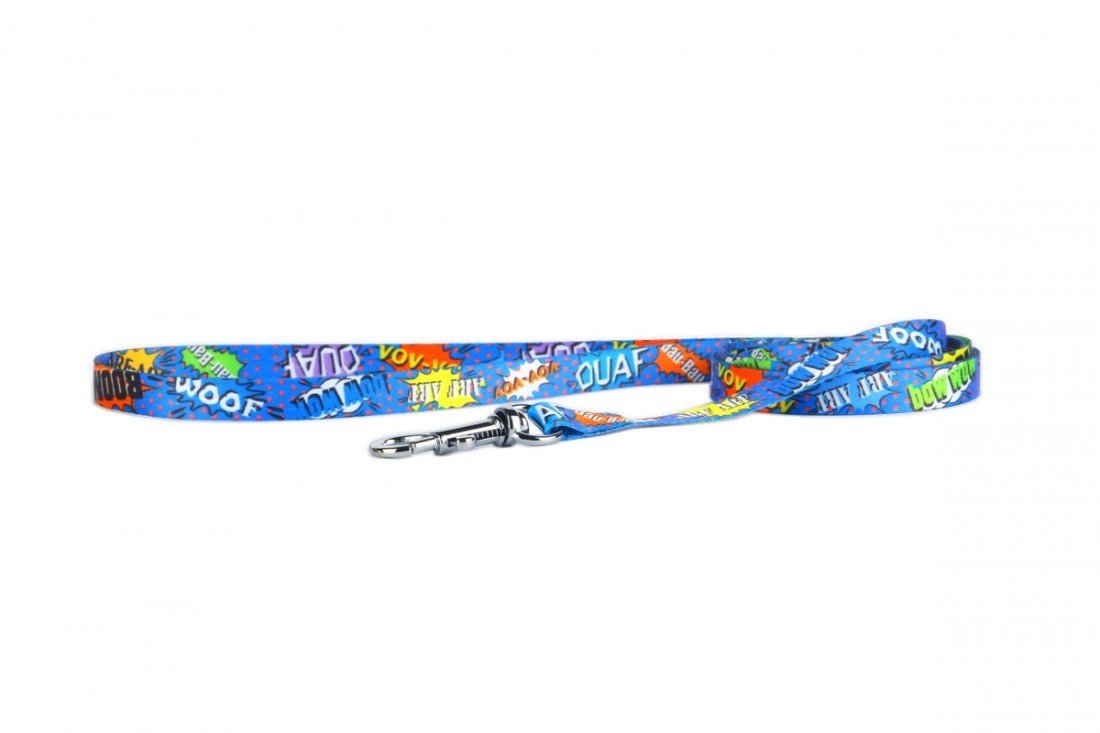 2. Blue graffiti dog leash with vibrant comic-style text and sturdy metal clasp, displayed flat on a white background