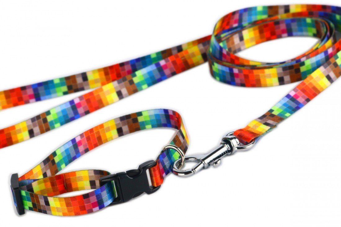 3. Close-up of Matteo leash showing colorful pixel design and metal carabineer